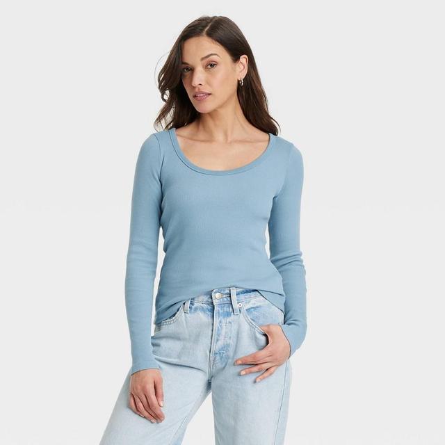 Women's Long Sleeve Rib Scoop Neck T-Shirt - Universal Thread™ Teal Blue S Product Image