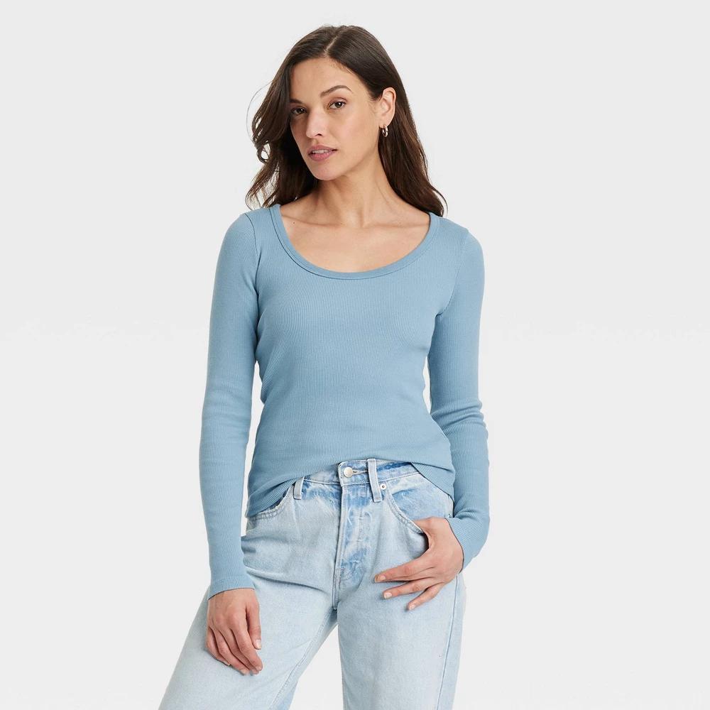 Women's Long Sleeve Rib Scoop Neck T-Shirt - Universal Thread™ Teal Blue S Product Image