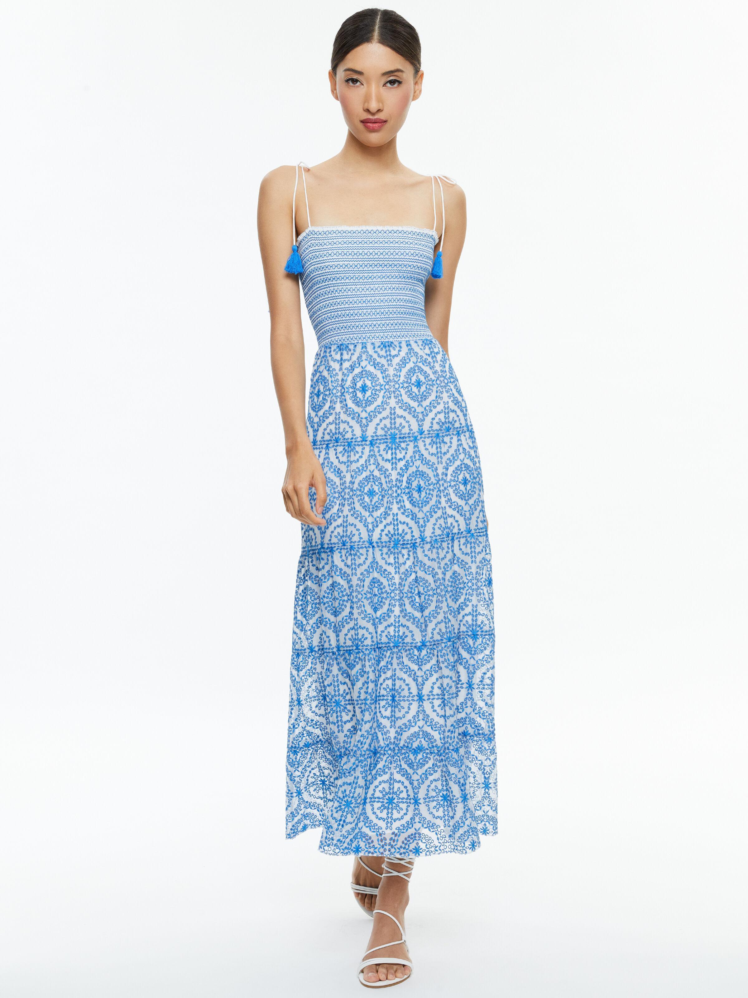 ALICE AND OLIVIA Marna Embroidered Tiered Tie-strap Maxi Dress In Off White French Blue Product Image