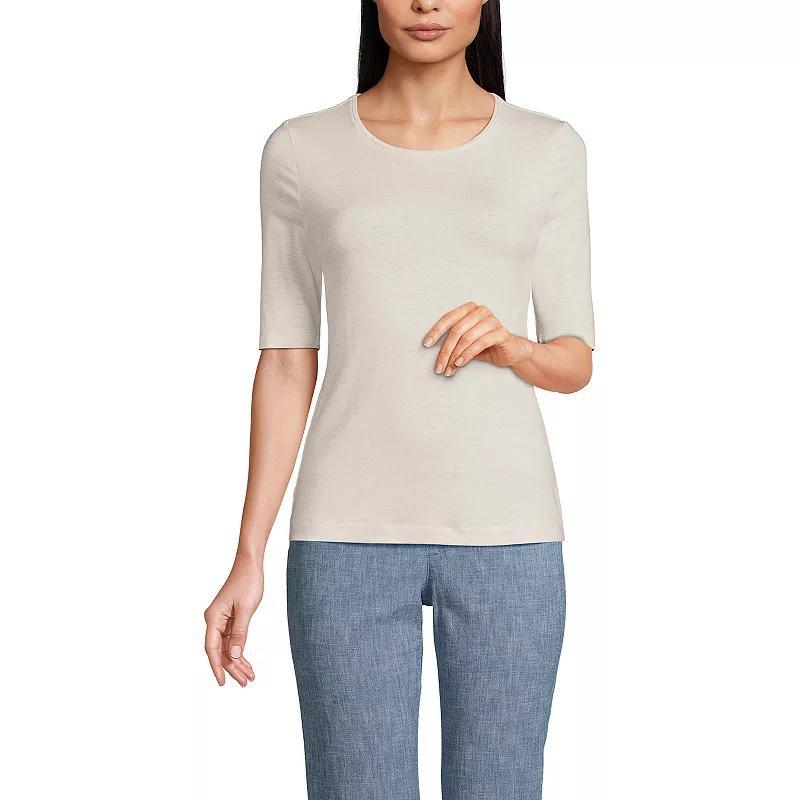 Petite Lands End Lightweight Cotton Modal Elbow Sleeve Crew Neck Tee, Womens Soft Oatmeal Grey Product Image