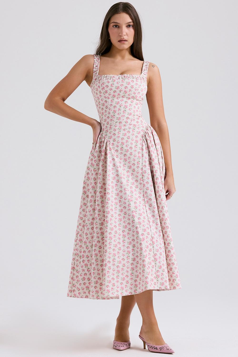 Dorothy White Rosebud Print Cotton Midi Sundress Product Image