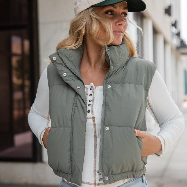 Bunny Slopes Olive Soft Coated Cropped Puffer Vest Product Image