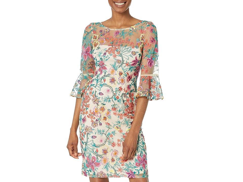 Adrianna Papell Floral Embroidered Sheath Dress with Bell Sleeves (Bright Rose Multi) Women's Dress Product Image