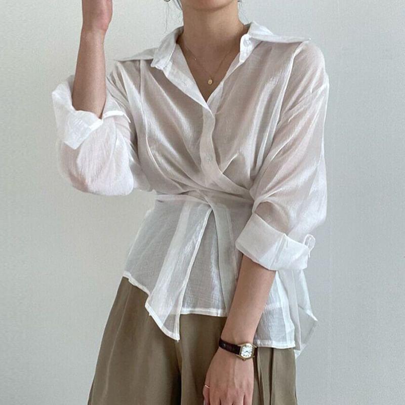 Asymmetrical Long-Sleeve Wrap Shirt Product Image