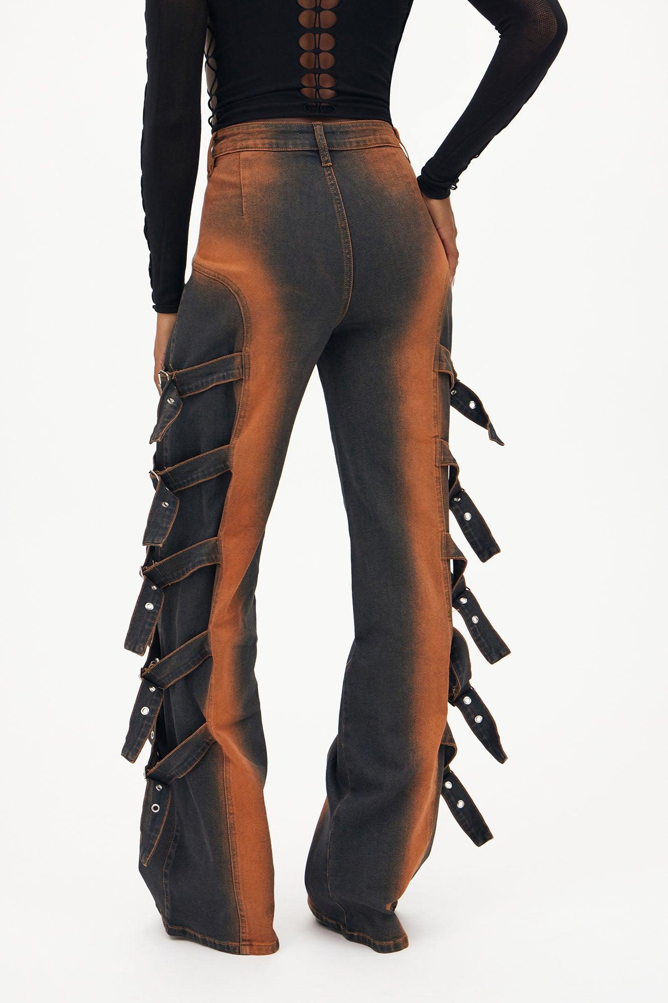 Living That Life Stretch Buckle Strap Flare Jeans - Rust Product Image