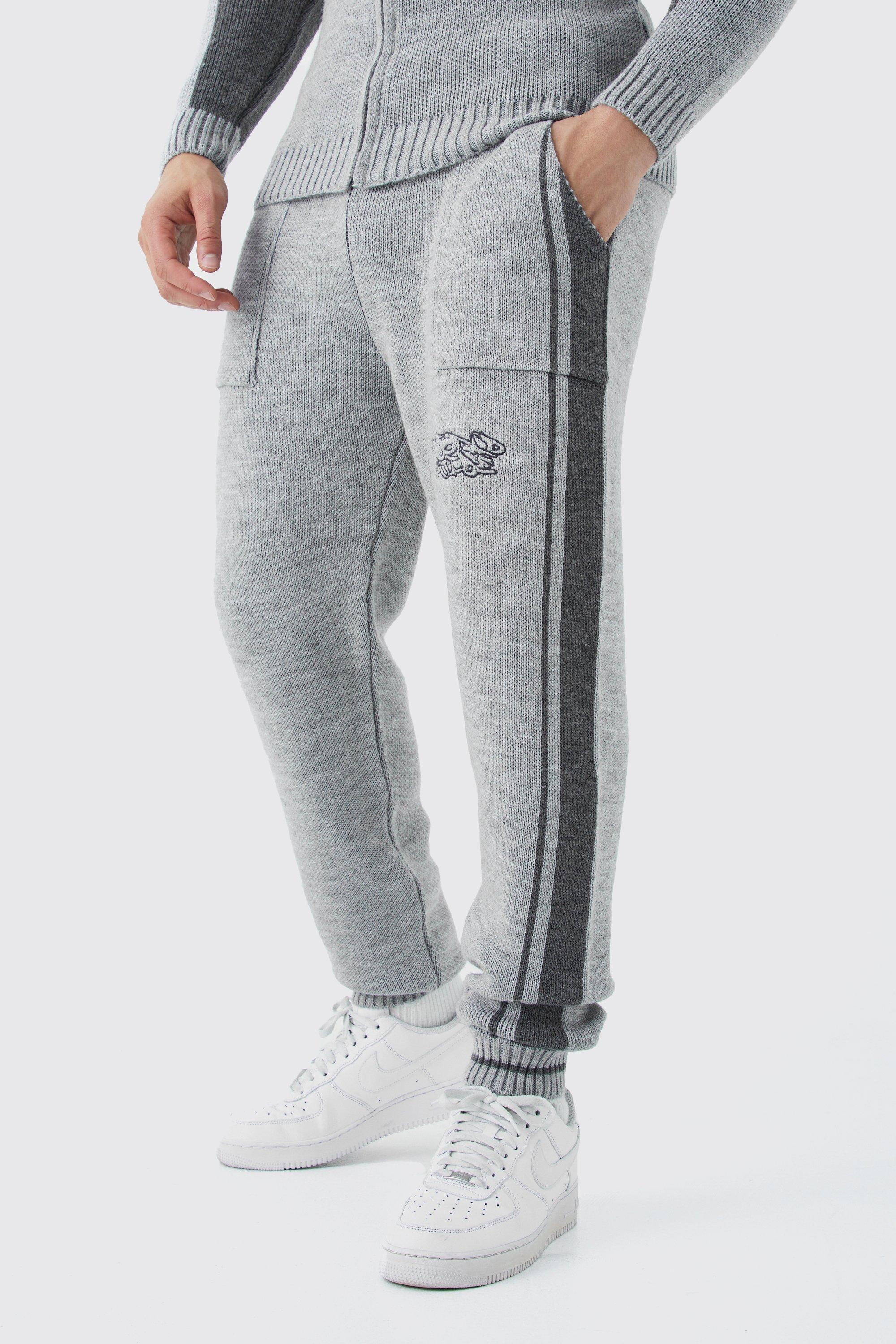 Mens Grey Relaxed Fit Pannel Knitted Jogger With Cuff, Grey Product Image