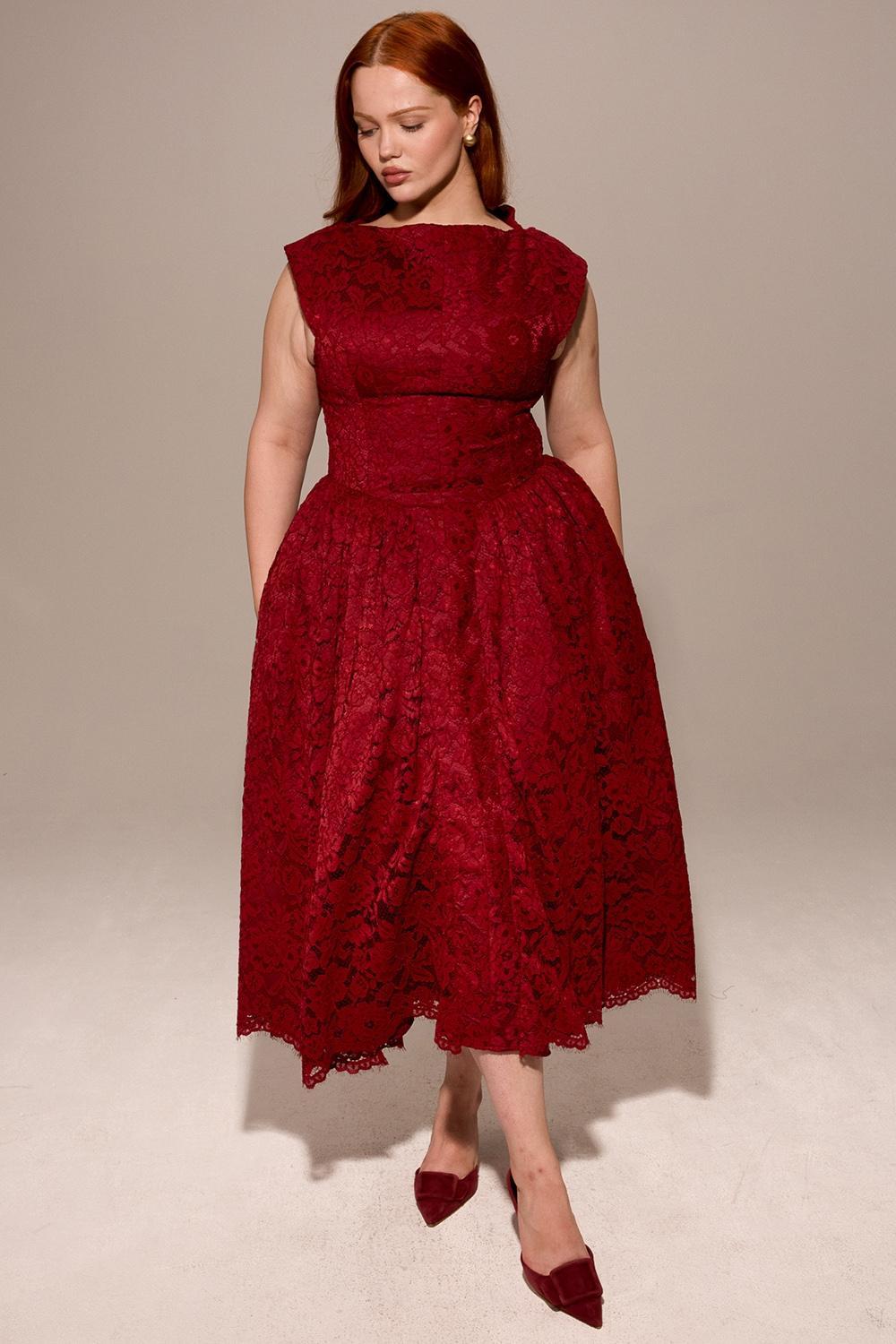 Debutante Berry Lace Backless Midi Dress Product Image