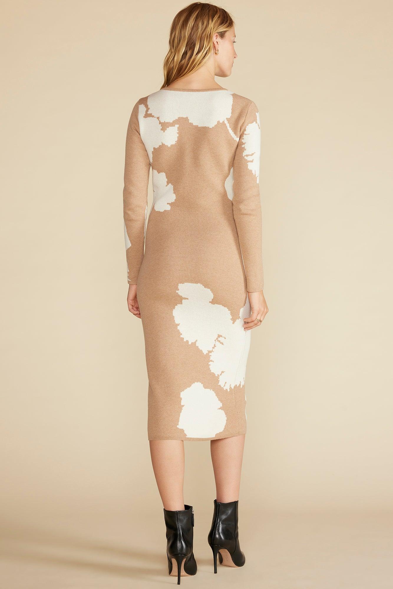 Orane Wool Jacquard Sweater Dress - Camel and Ivory Abstract Floral Product Image