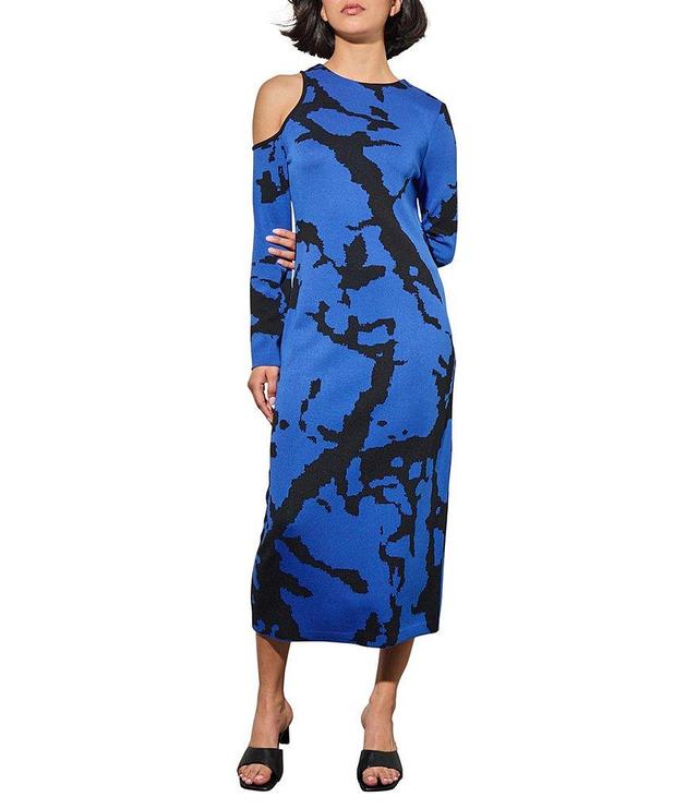 Ming Wang Knit Round Neck Long Sleeve Abstract Print Midi Sheath Dress Product Image