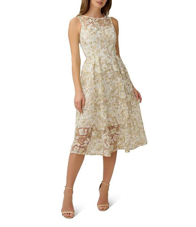 Adrianna Papell Floral Embroidered Crew Neck Fit and Flare Dress Product Image