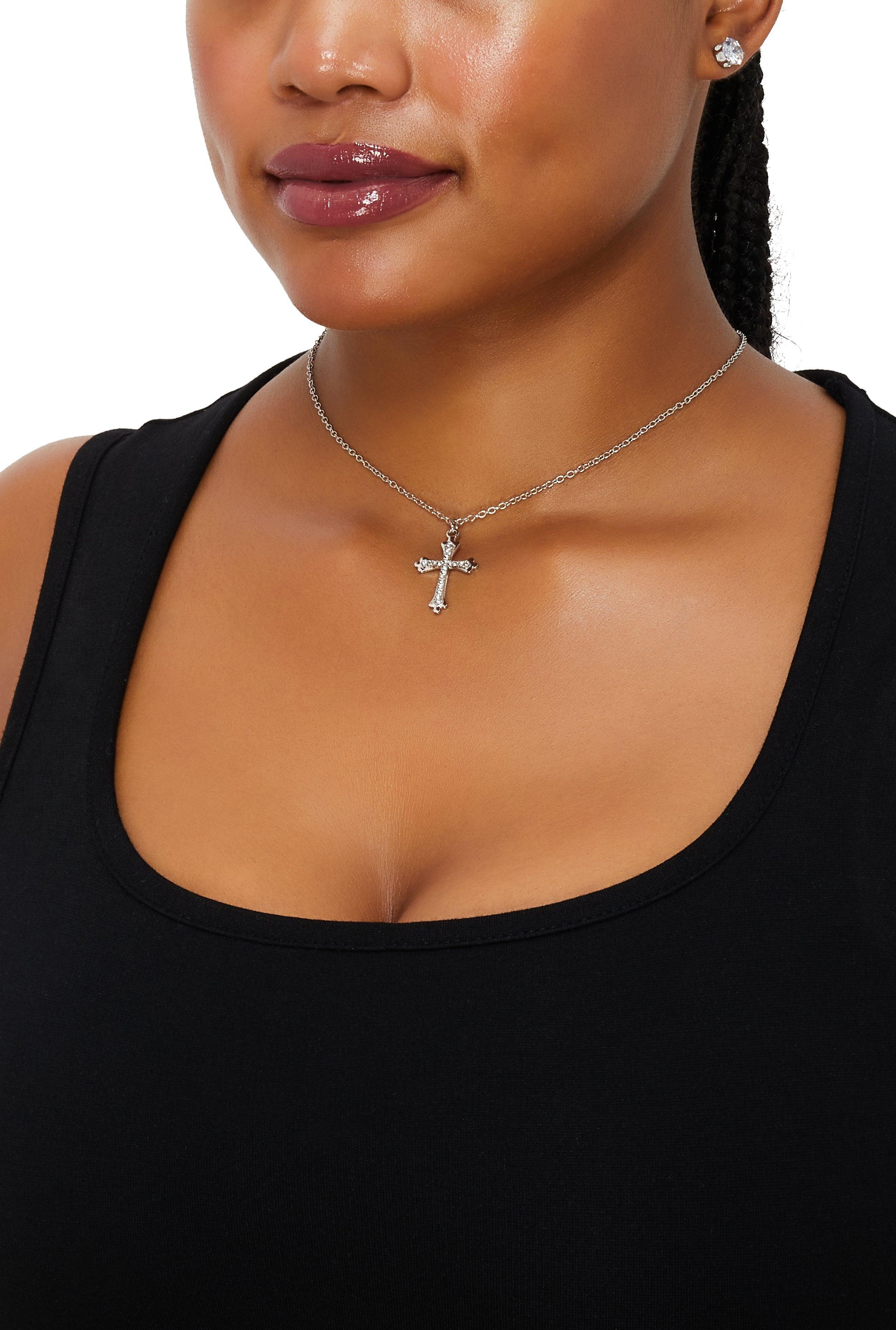 Cross Pendant Chain Necklace and Cubic Zirconia Stud Earrings Female Product Image