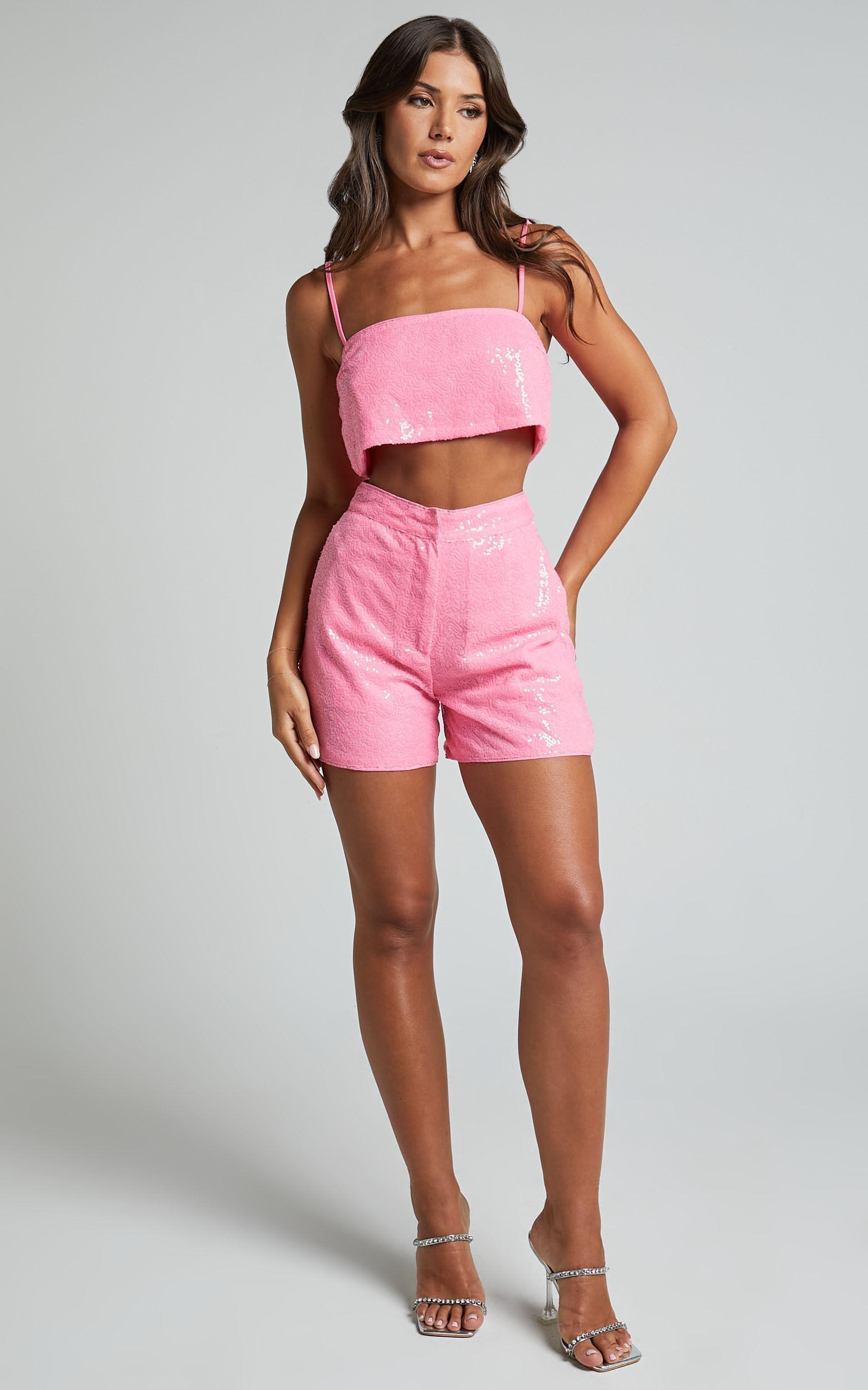 Rayden Shorts - High Waisted Sequin Shorts in Pink Product Image