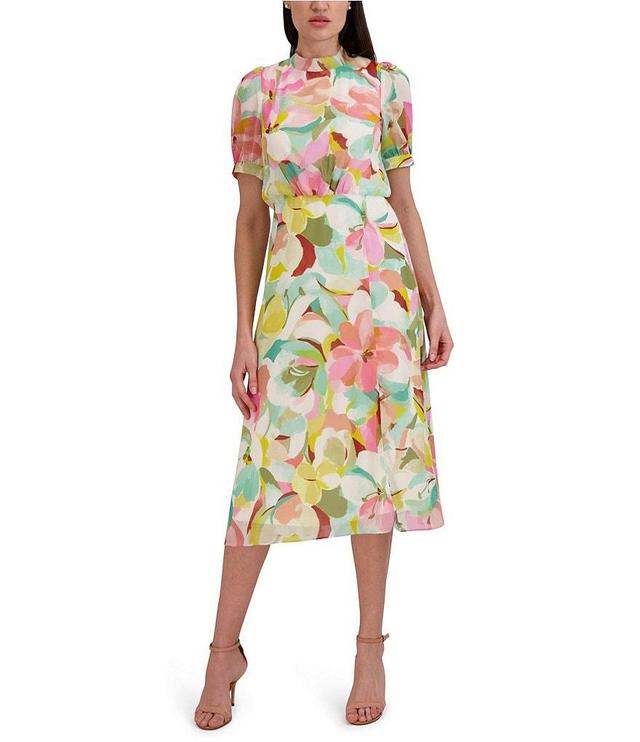 Julia Jordan Floral Print Chiffon Mock Neck Short Sleeve Midi Dress Product Image