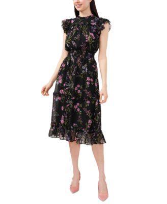 CeCe Floral Clip Dot Smocked Ruffle Midi Dress Product Image