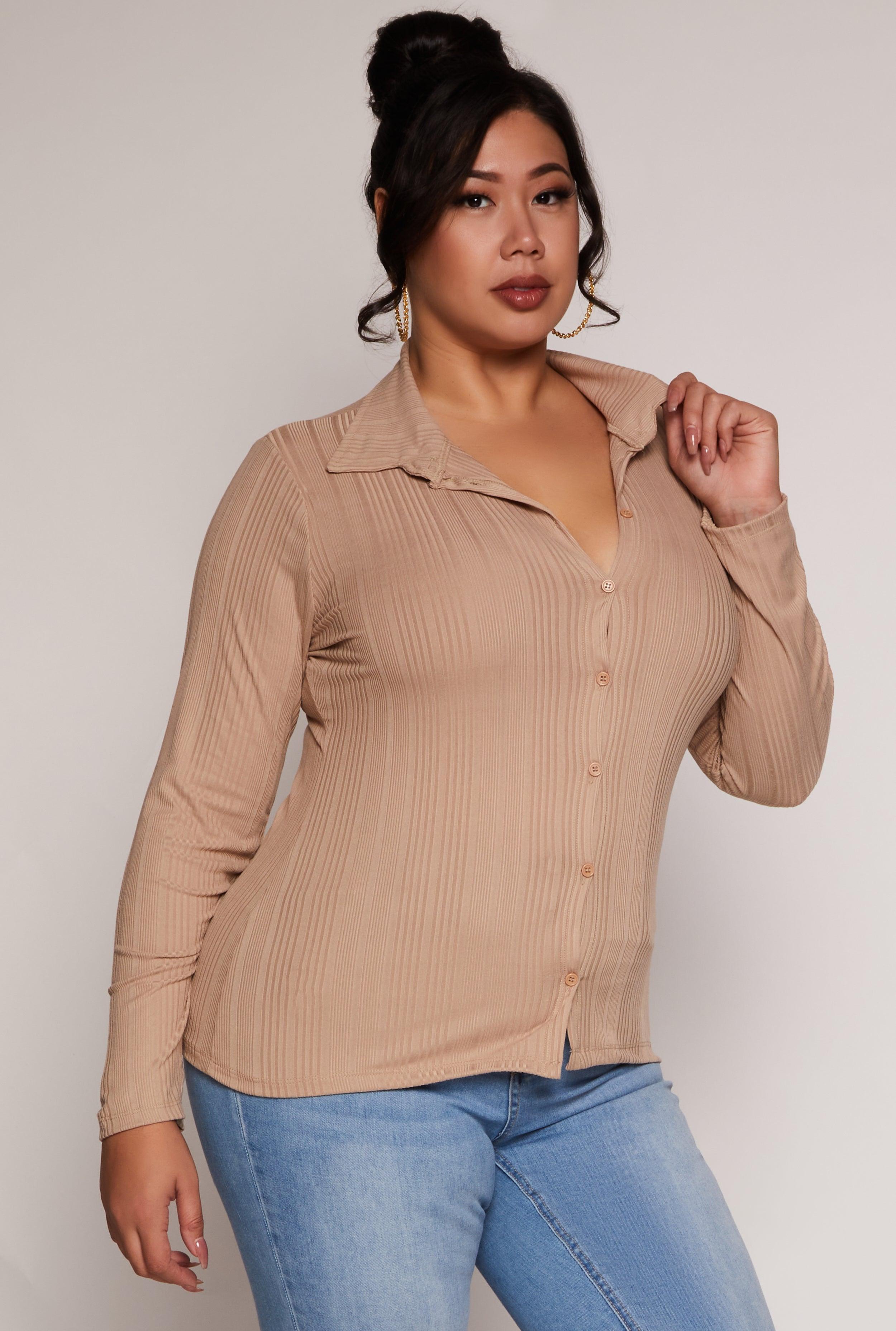 Womens Plus Size Ribbed Knit Button Front Top Product Image