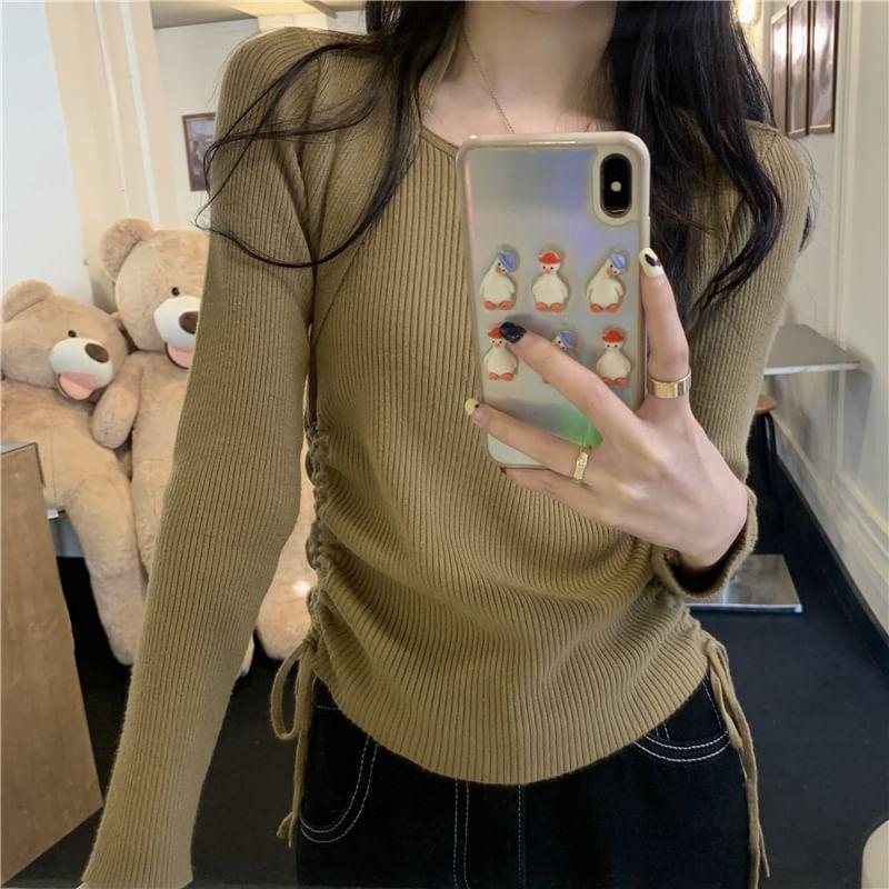 Long-Sleeve Scoop Neck Plain Drawstring Ribbed Knit Top Product Image