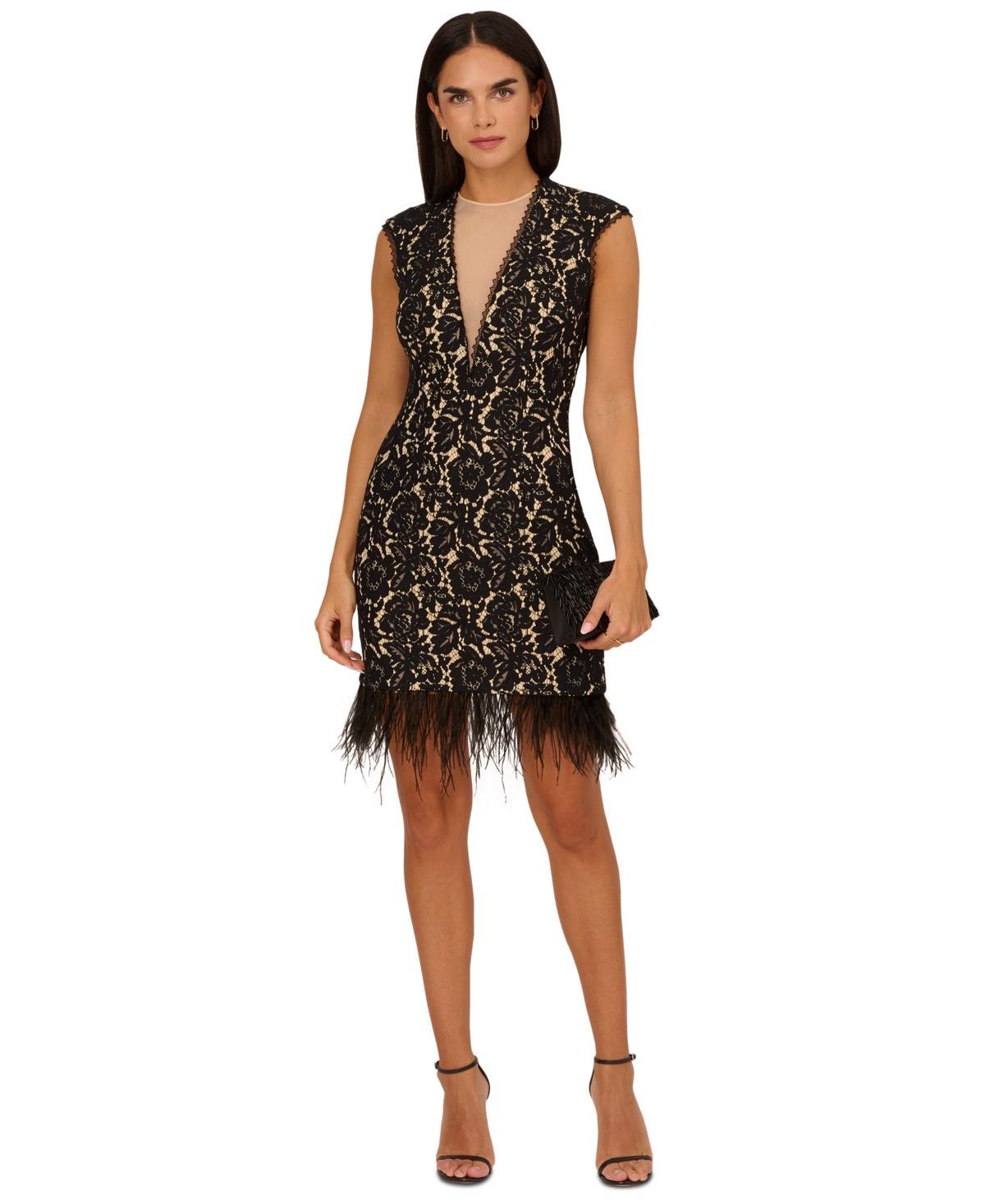 Adrianna by Adrianna Papell Womens Feather-Trim Sheath Lace Dress - Black Product Image