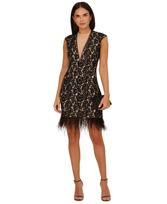 Aidan by Adrianna Papell Womens Feather-Trim Sheath Lace Dress - Black Product Image