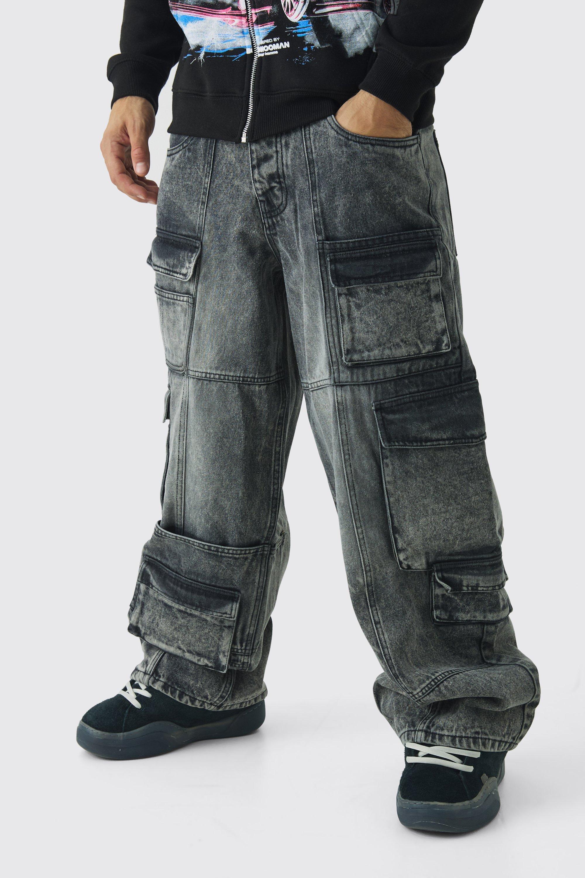 Baggy Fit Acid Wash Denim Cargo Jeans | boohooMAN USA Product Image