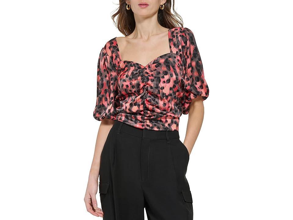 DKNY Short Sleeve Printed Satin Ruche Front V-Neck Crop Blouse (Persimmon Multi) Women's Clothing Product Image