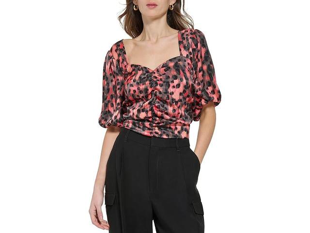 DKNY Printed Satin Sweetheart Neck Balloon Sleeve Coordinating Ruched Blouse Product Image