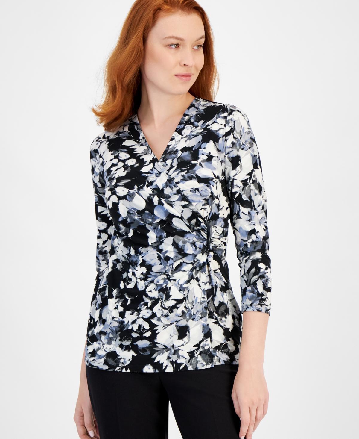 Anne Klein Womens Printed 3/4-Sleeve Faux-Wrap Top Product Image