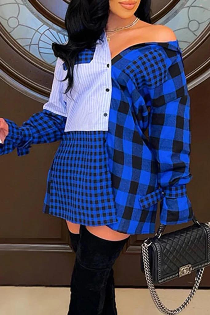 Olivia Mark – Chic Plaid Patchwork Cardigan with Blue Collar Detail Product Image