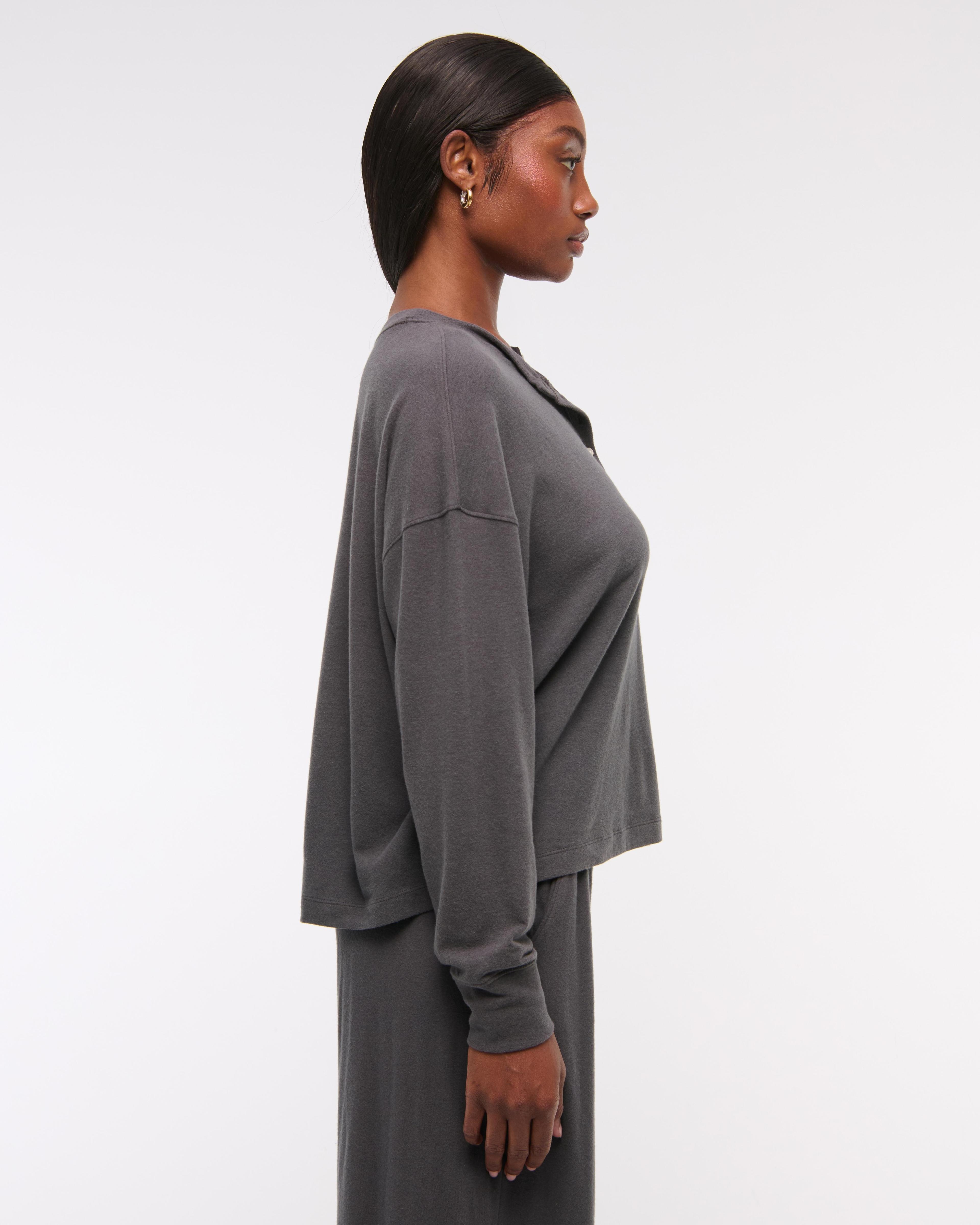 Long-Sleeve Cozy Lounge Knit Oversized Henley Top Product Image