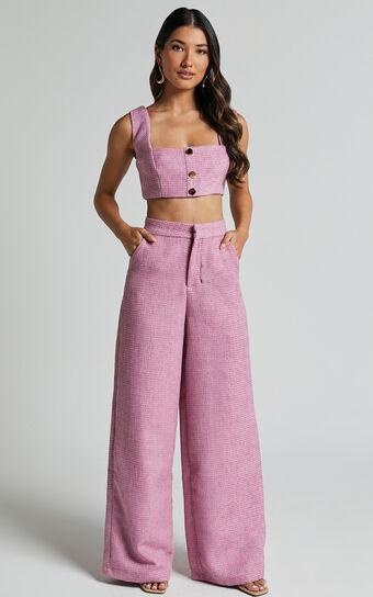 Amaris Two Piece Set - Button Detail Crop Top and Wide Leg Pants Set in Pink Product Image