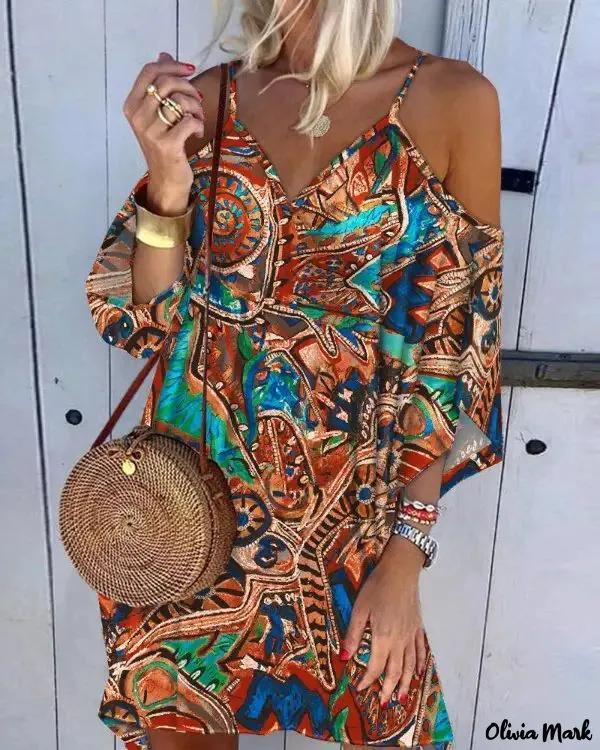 Olivia Mark – Tribal Print Cold Shoulder Casual Dress Product Image