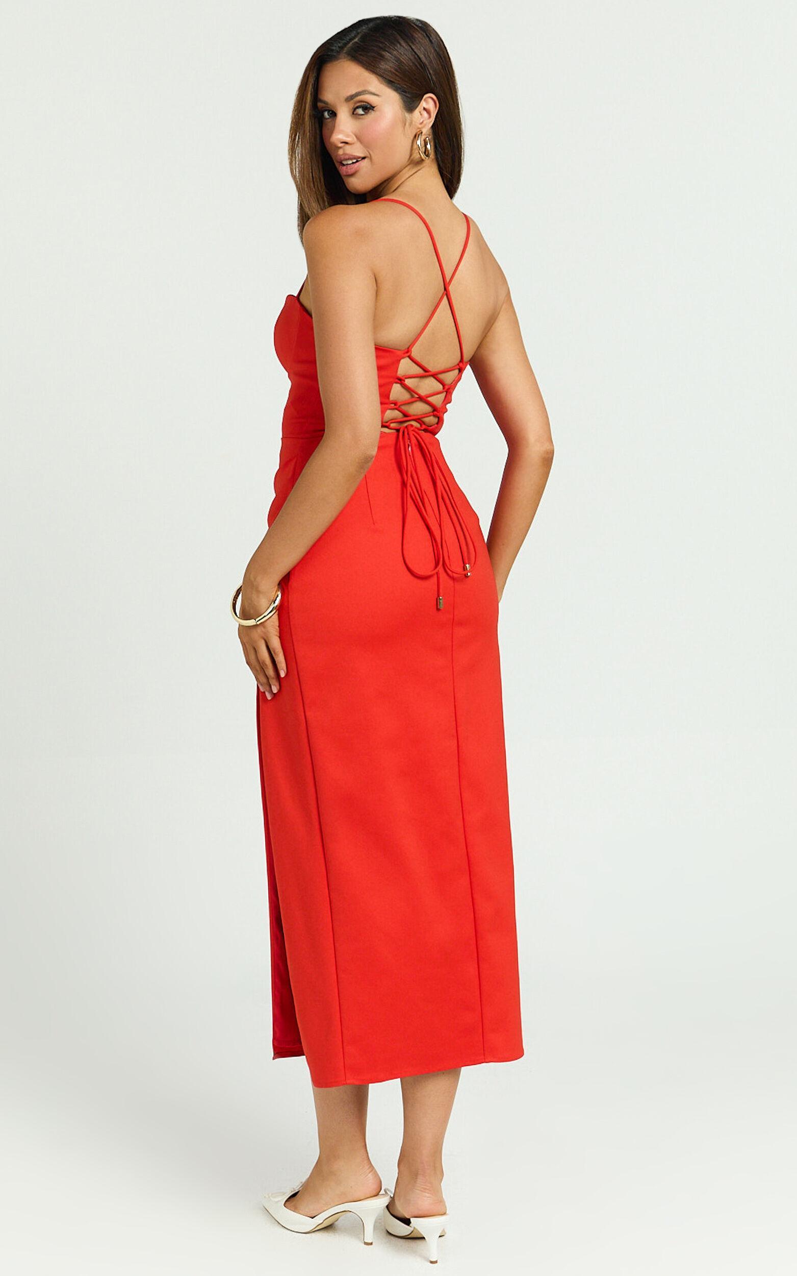 Alissa Midi Dress - Bustier Strappy Pleat Side Fitted Dress in Tangerine Product Image