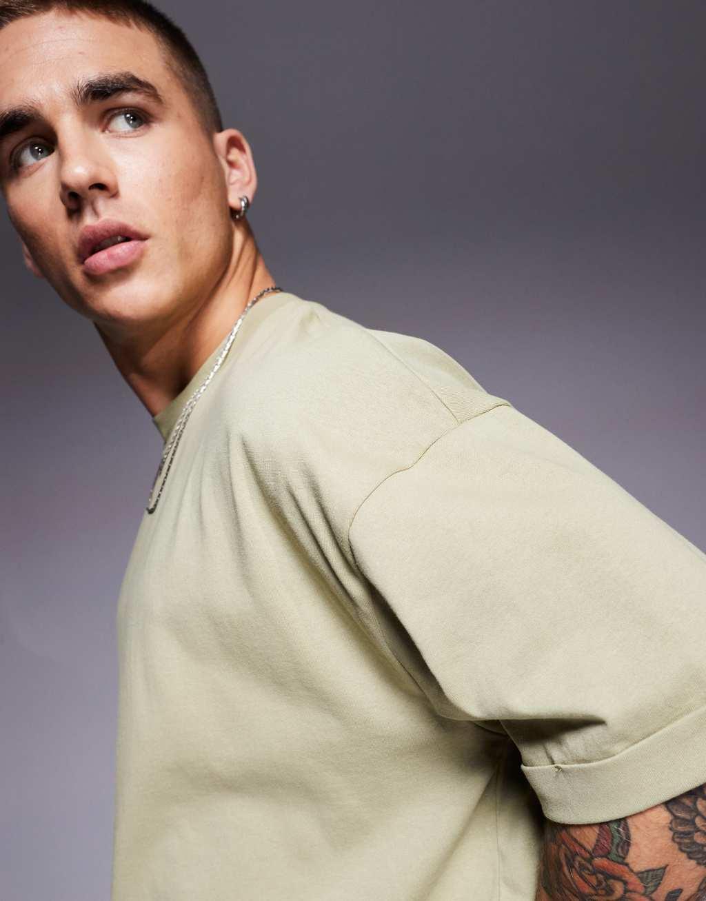 ASOS DESIGN essential heavyweight oversized t-shirt with roll sleeve 240gsm in khaki Product Image