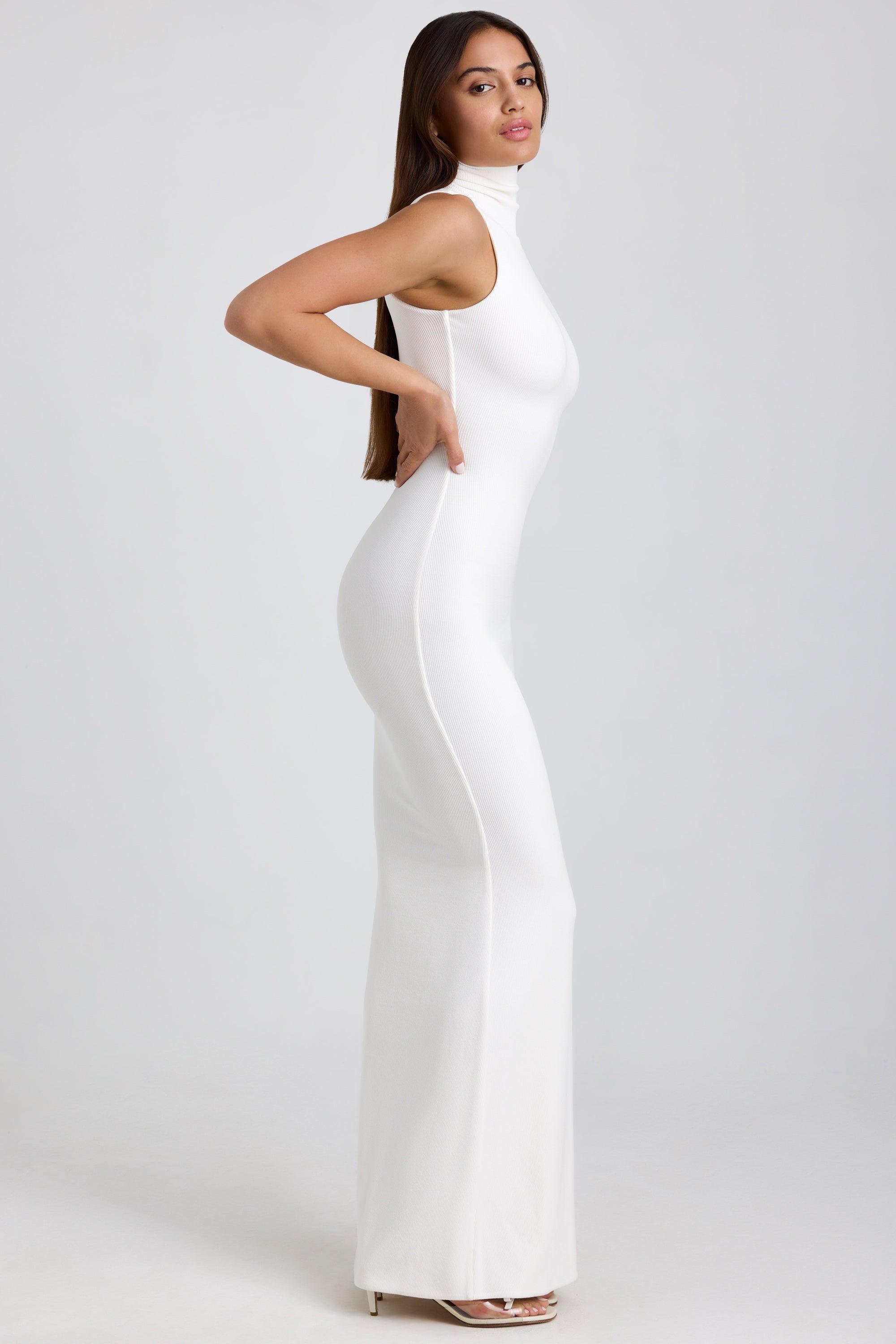 Ribbed Modal Turtleneck Maxi Dress in White Product Image