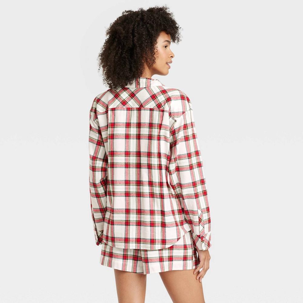 Women's Plaid Flannel Long Sleeve Top and Shorts Pajama Set - Auden™ Cream M Product Image