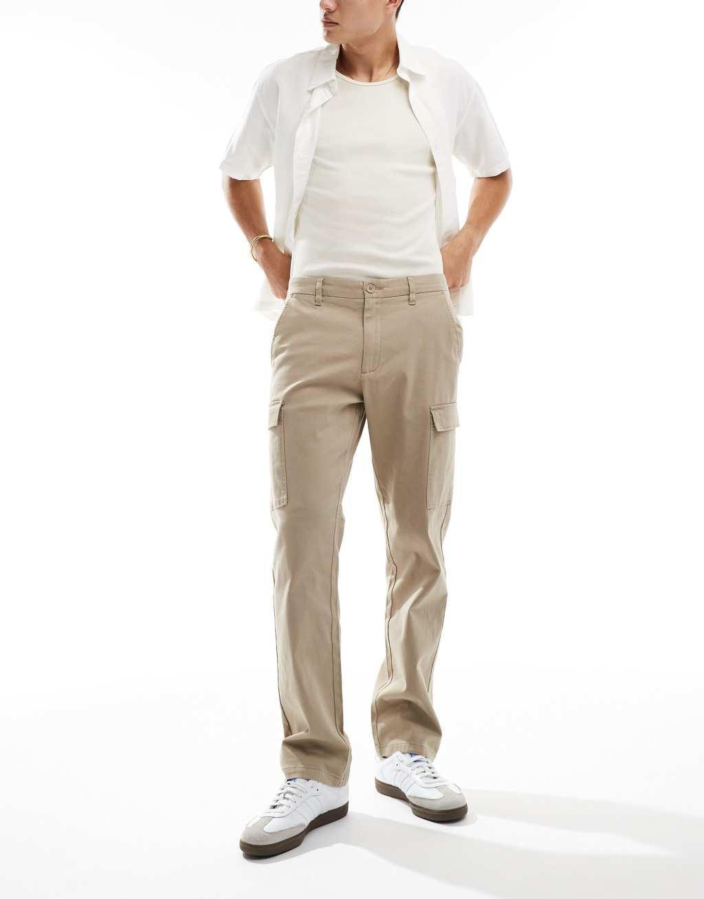 Only & Sons straight fit cargo pants in beige Product Image