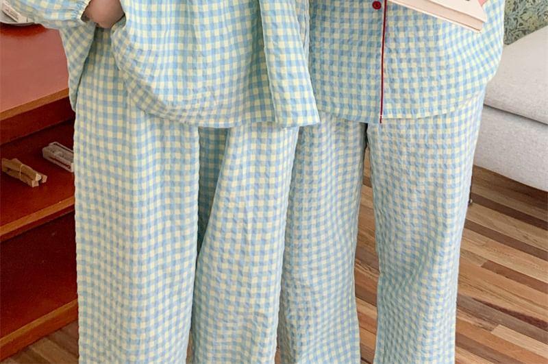 Couple Matching Long Sleeve Square Neck Plaid Bow Pajama Blouse / Collared Shirt / Straight Leg Pants / Pajama Dress / Set (Various Designs) Product Image