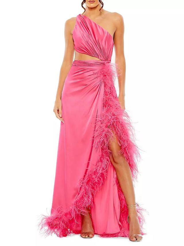 Asymmetric Feathered Ruched Satin Gown Product Image