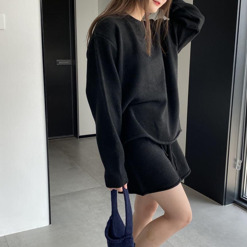 Set: Round Neck Plain Oversized Sweater + High Waist Shorts Product Image