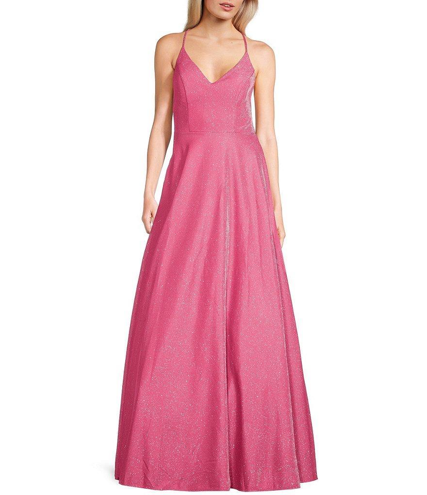 B. Darlin Sherri Shine V-Neck Spaghetti Strap Long Dress Product Image