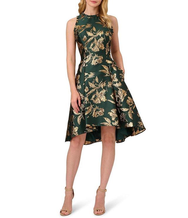 Adrianna Papell Metallic Jacquard Ruffle Trim Halter Neck High-Low Hem A-Line Dress Product Image