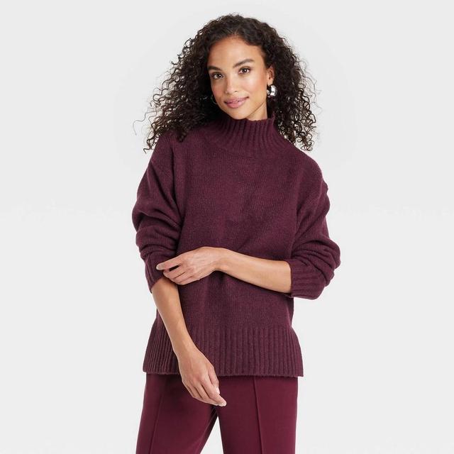 Womens Cozy Knit Mock Turtleneck Pullover Sweater - A New Day Burgundy Product Image