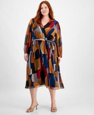 Plus Size Printed Faux-Wrap Long-Sleeve Dress Product Image