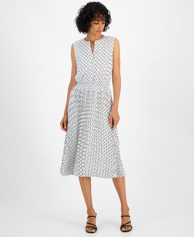 T Tahari Womens Printed Split-Neck Fit & Flare Midi Dress Product Image