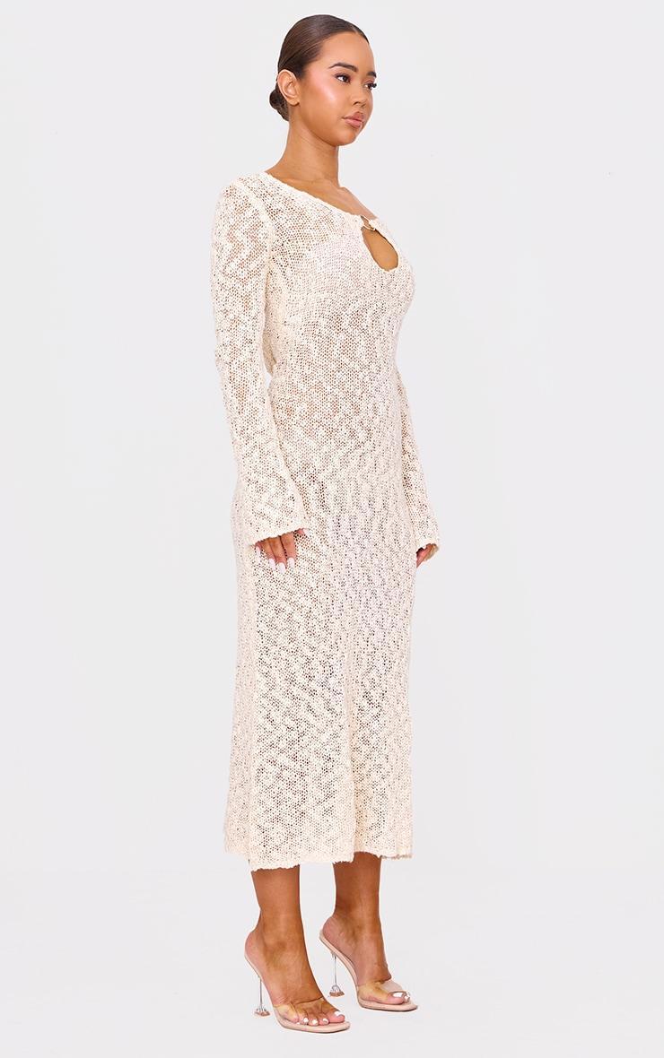 Oatmeal Textured Crochet Knit Long Sleeve Maxi Dress Product Image