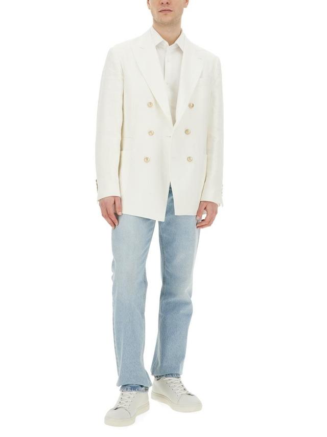 BRUNELLO CUCINELLI Double-breasted Linen And Wool-blend Suit Jacket In White Product Image