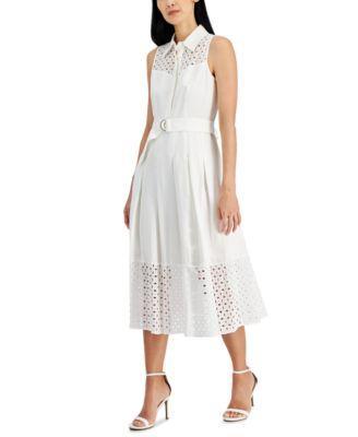 Anne Klein Womens Eyelet-Embroidered Belted Pleated Dress Product Image