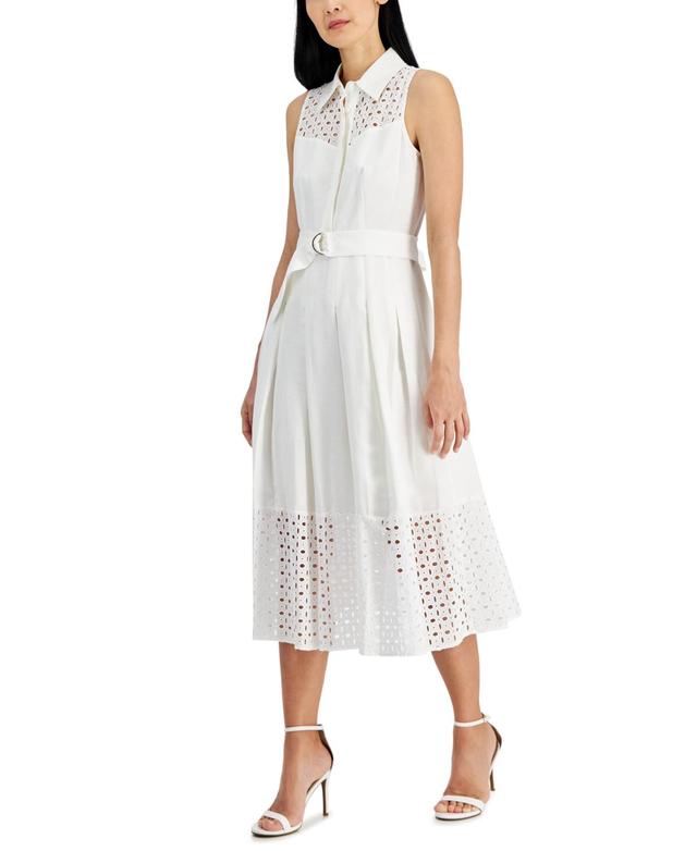 Anne Klein Womens Eyelet-Embroidered Belted Pleated Dress Product Image