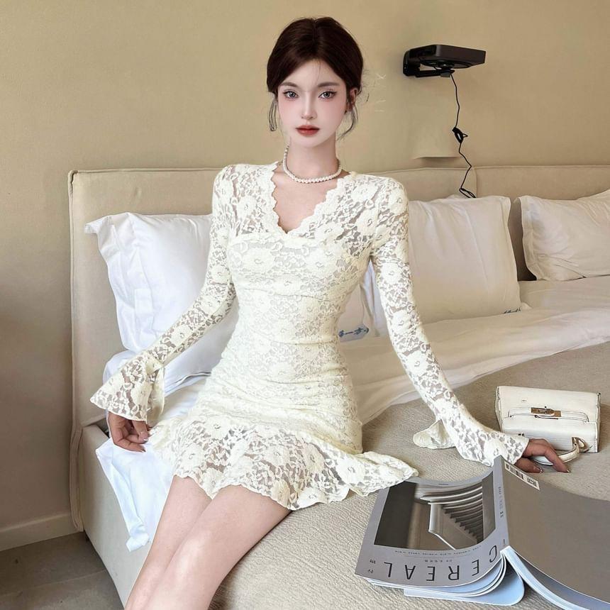 Long-Sleeve V-Neck Mini Lace Bodycon Dress Product Image