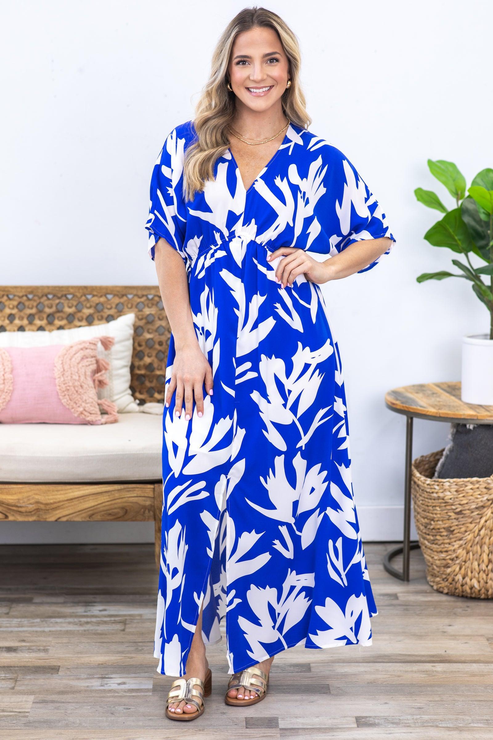 Royal Blue Print V-Neck Maxi Dress Product Image