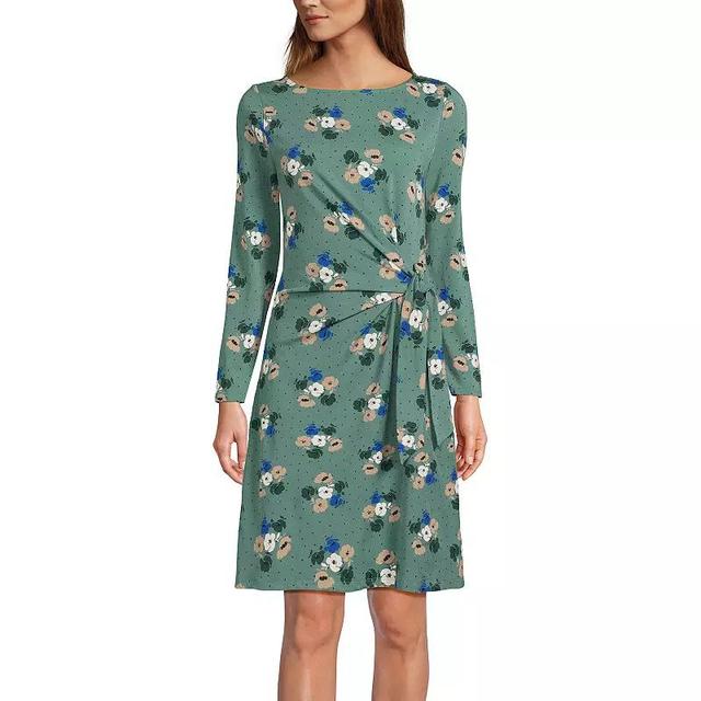 Womens Lands End Long Sleeve Boatneck Tie-Waist Mini Dress Green Dot Floral Product Image